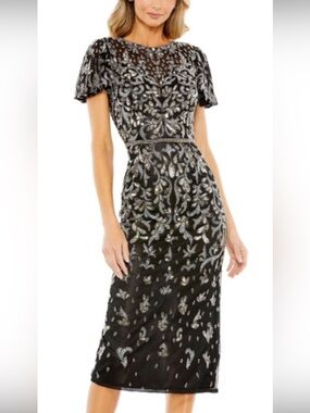 Mac Duggal Black Midi Dress with Silver Embellishment